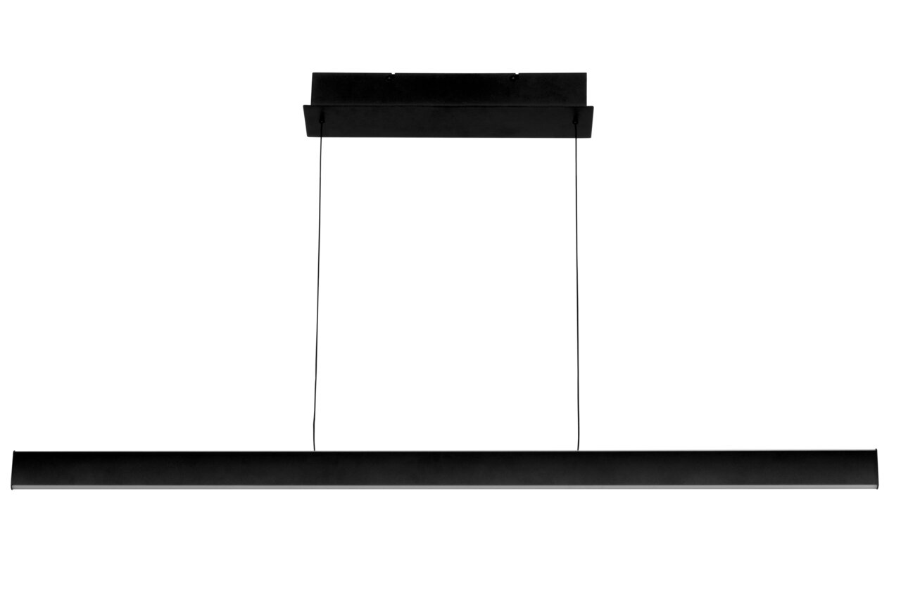 Moderne LED-hanglamp in een zwart ontwerp, gezien van voren.
