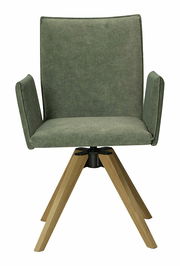 Grüner Armlehnstuhl mit Holzbeinen, Frontalansicht