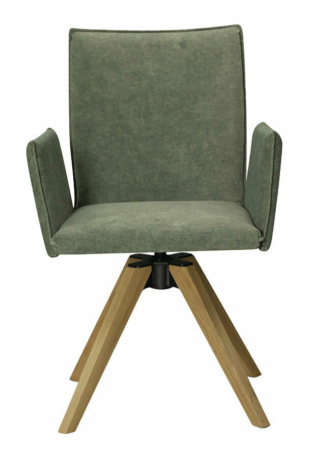 Grüner Armlehnstuhl mit Holzbeinen, Frontalansicht