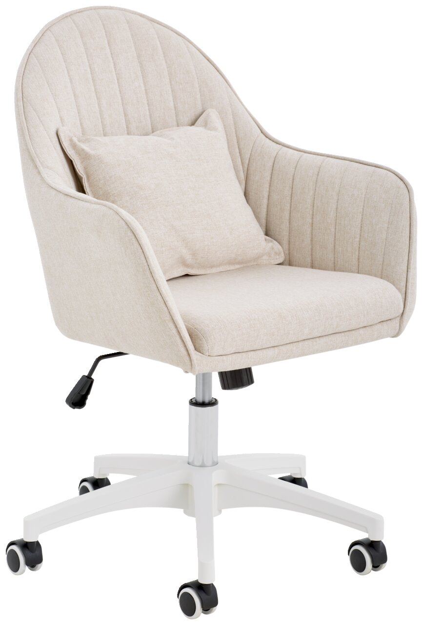 Livetastic Drehstuhl PALERMO Beiger Homeoffice-Drehstuhl mit gepolstertem Sitz und Rückenlehne, inklusive Kissen, auf weißem Rollfußgestell. Seitenansicht.