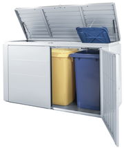 Metall-Mülltonnenbox mit geöffnetem Deckel und Türen, gelbe und blaue Mülltonnen sichtbar, seitliche Perspektive