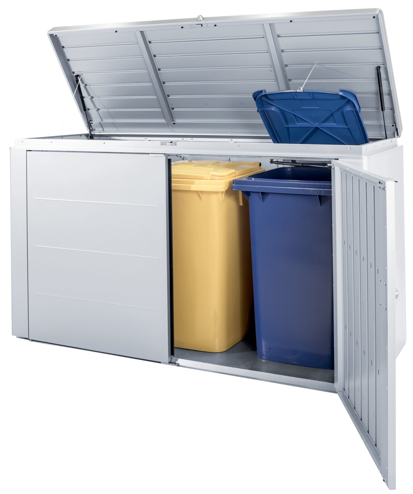 Metall-Mülltonnenbox mit geöffnetem Deckel und Türen, gelbe und blaue Mülltonnen sichtbar, seitliche Perspektive
