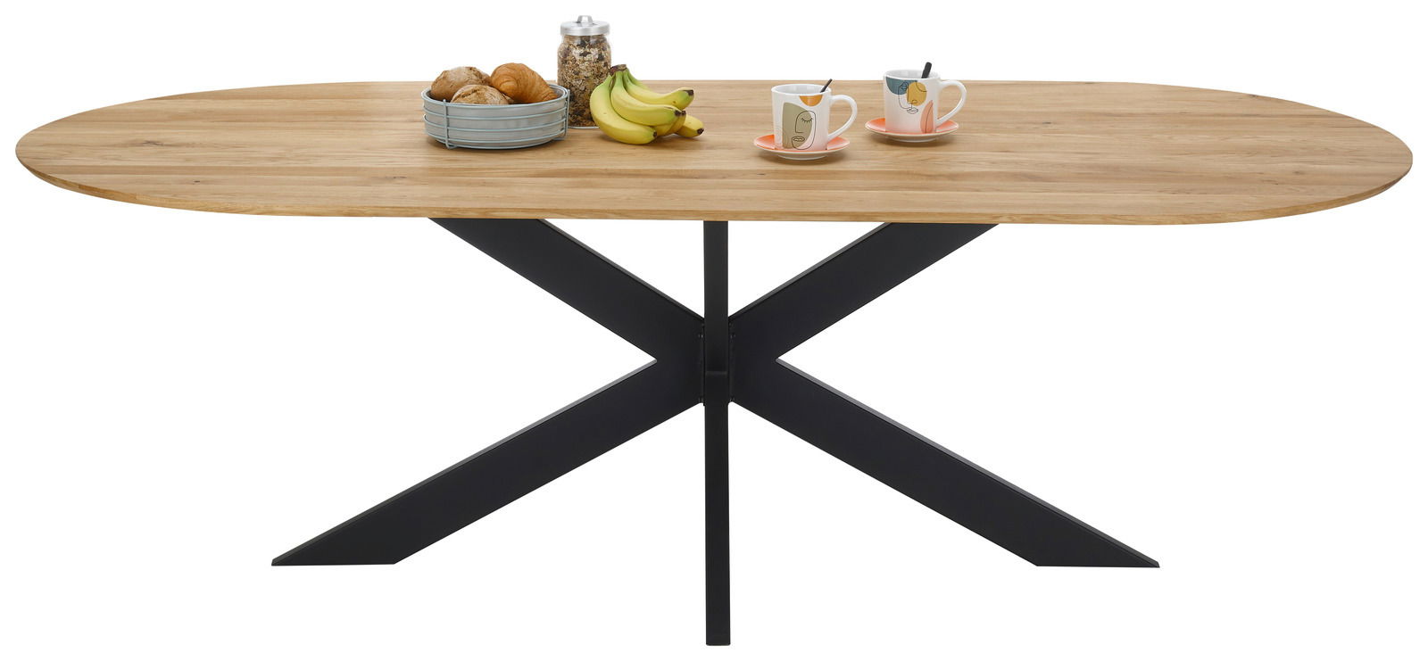 Ovaler Esstisch mit Holzplatte und schwarzem Kreuzfußgestell, seitliche Perspektive