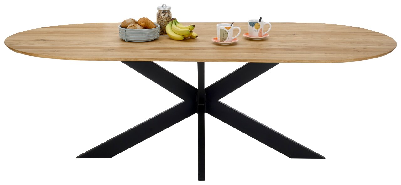 Ovaler Esstisch mit Holzplatte und schwarzem Kreuzfußgestell, seitliche Perspektive