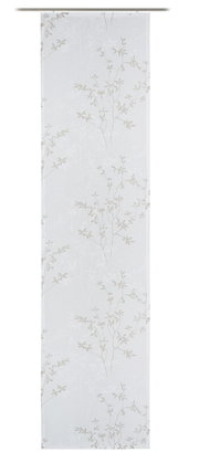 Schiebevorhang mit floralem Muster in Weiß und Beige, frontal betrachtet.