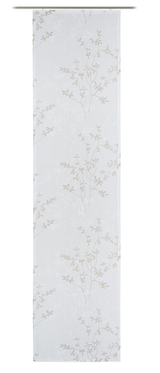 Schiebevorhang mit floralem Muster in Weiß und Beige, frontal betrachtet.