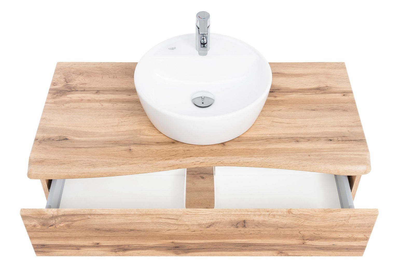 Waschtisch-Set aus Holz mit weißem, rundem Waschbecken und geöffneter Schublade, Ansicht von oben