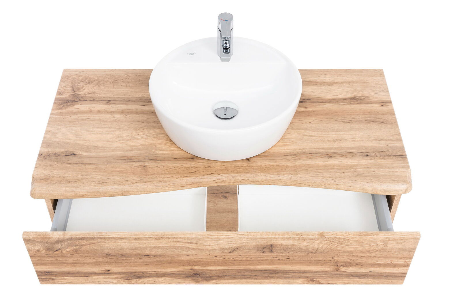 Waschtisch-Set aus Holz mit weißem, rundem Waschbecken und geöffneter Schublade, Ansicht von oben