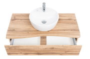 Waschtisch-Set aus Holz mit weißem, rundem Waschbecken und geöffneter Schublade, Ansicht von oben