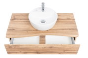 Waschtisch-Set aus Holz mit weißem, rundem Waschbecken und geöffneter Schublade, Ansicht von oben