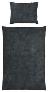 Dunkelgraue Bettwäsche TEDDY, bestehend aus einem Kissenbezug und einem Bettdeckenbezug, aus der Vogelperspektive fotografiert.