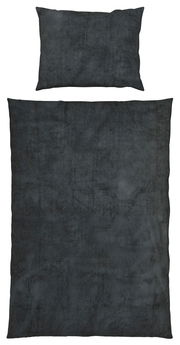 Dunkelgraue Bettwäsche TEDDY, bestehend aus einem Kissenbezug und einem Bettdeckenbezug, aus der Vogelperspektive fotografiert.