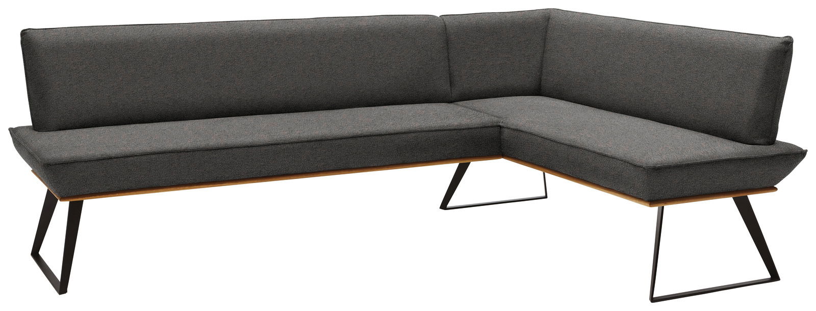 Graue Eckbank mit modernem Design, Metallbeinen und Holzdetails, Perspektive von vorne links