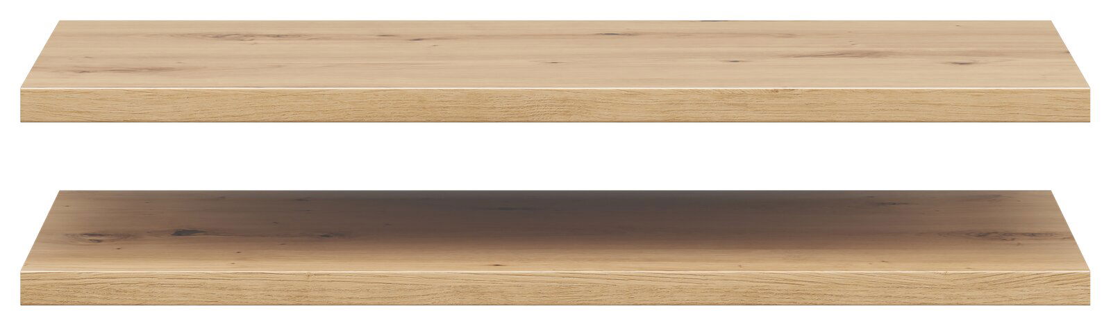 Zwei hölzerne Einlegeböden in heller Holzoptik, frontal betrachtet.