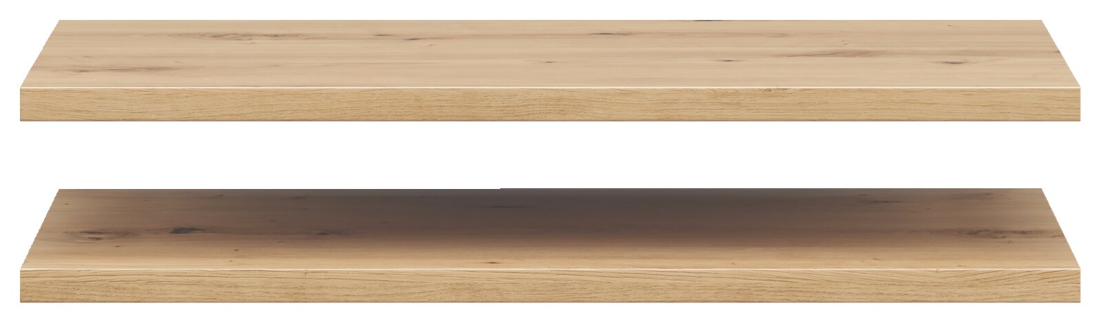 Zwei hölzerne Einlegeböden in heller Holzoptik, frontal betrachtet.