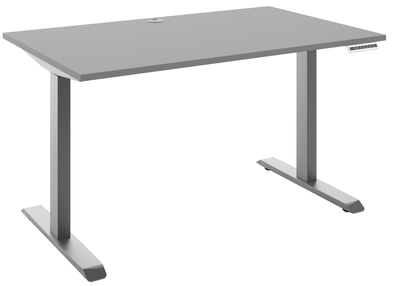 Manjana E-Schreibtisch 2-motorig OHIO Moderner, grauer E-Schreibtisch mit rechteckiger Tischplatte und T-förmigen Beinen, seitliche Perspektive
