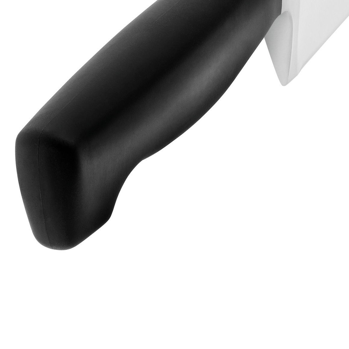 Nahaufnahme des Griffs eines Kochmessers, schwarzer ergonomischer Griff, seitliche Perspektive