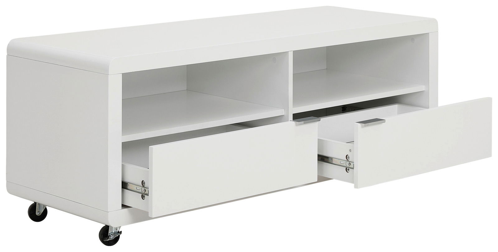 Weißes TV-Lowboard mit zwei offenen Fächern und zwei Schubladen auf Rollen, seitliche Perspektive
