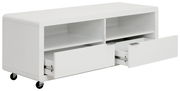 Weißes TV-Lowboard mit zwei offenen Fächern und zwei Schubladen auf Rollen, seitliche Perspektive