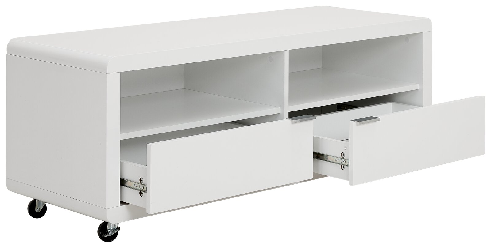 Weißes TV-Lowboard mit zwei offenen Fächern und zwei Schubladen auf Rollen, seitliche Perspektive
