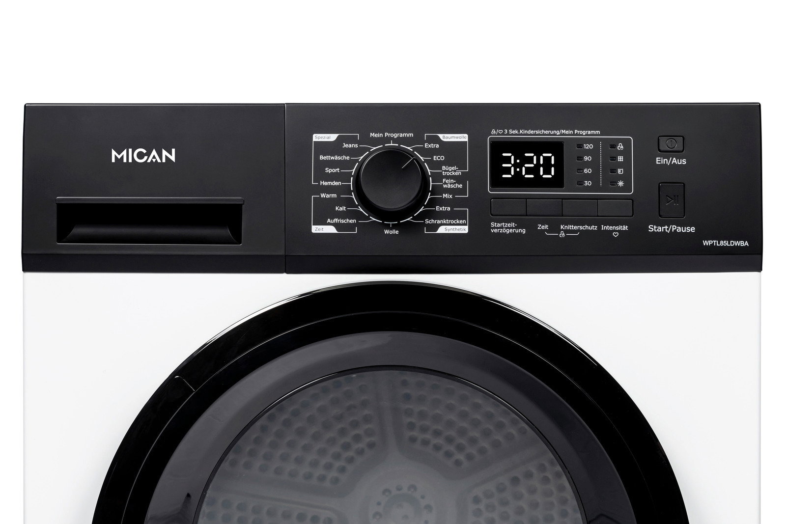 Frontansicht eines Stand-Wärmepumpentrockners mit digitalem Display und Drehknopf für Programmeinstellungen.