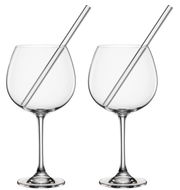 Zwei elegante Gin-Gläser mit Trinkhalm, frontal fotografiert.