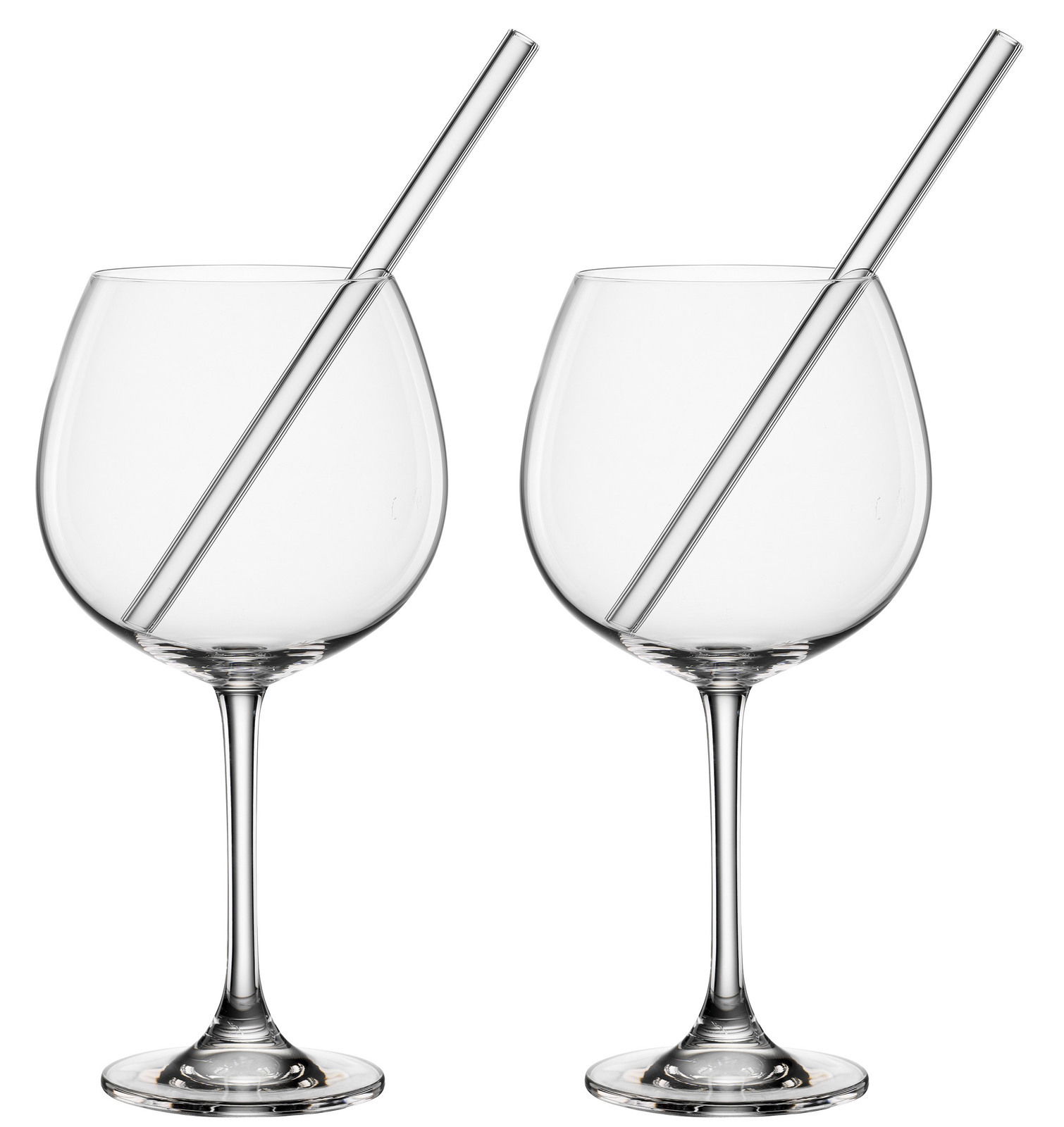 Zwei elegante Gin-Gläser mit Trinkhalm, frontal fotografiert.
