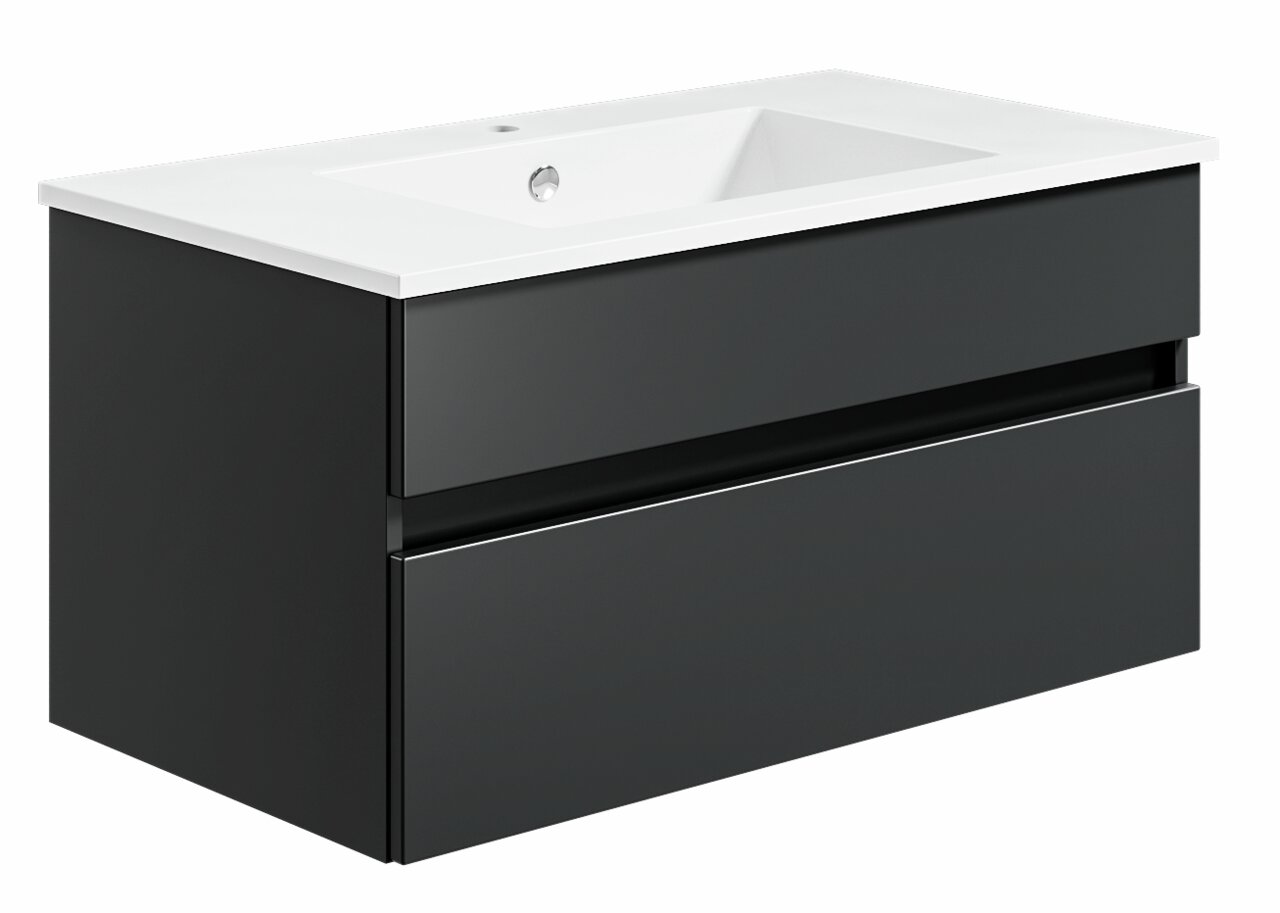 Puris Badkombination GET2YOU 21 Moderne Badkombination mit schwarzem Unterschrank und weißem Waschbecken, seitliche Perspektive
