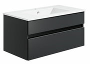 Moderne Badkombination mit schwarzem Unterschrank und weißem Waschbecken, seitliche Perspektive