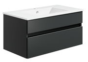 Moderne Badkombination mit schwarzem Unterschrank und weißem Waschbecken, seitliche Perspektive