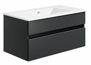 Moderne Badkombination mit schwarzem Unterschrank und weißem Waschbecken, seitliche Perspektive
