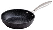 Aluminium-Pfanne mit 20 cm Durchmesser, schwarze Antihaftbeschichtung mit weißen Sprenkeln, seitliche Perspektive