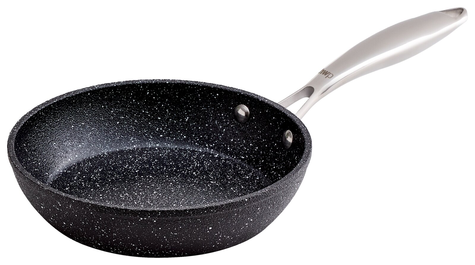 Aluminium-Pfanne mit 20 cm Durchmesser, schwarze Antihaftbeschichtung mit weißen Sprenkeln, seitliche Perspektive
