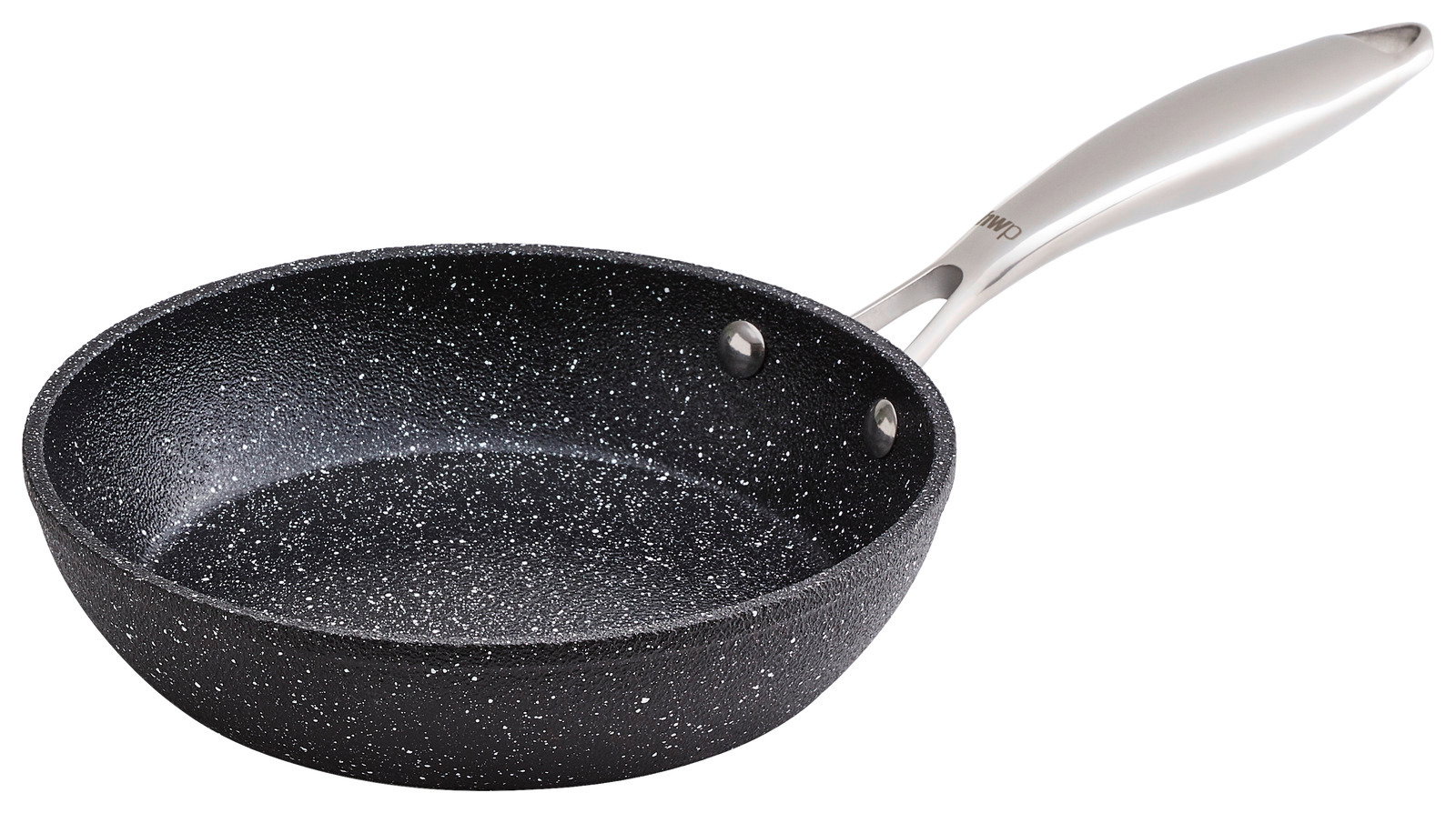 Aluminium-Pfanne mit 20 cm Durchmesser, schwarze Antihaftbeschichtung mit weißen Sprenkeln, seitliche Perspektive