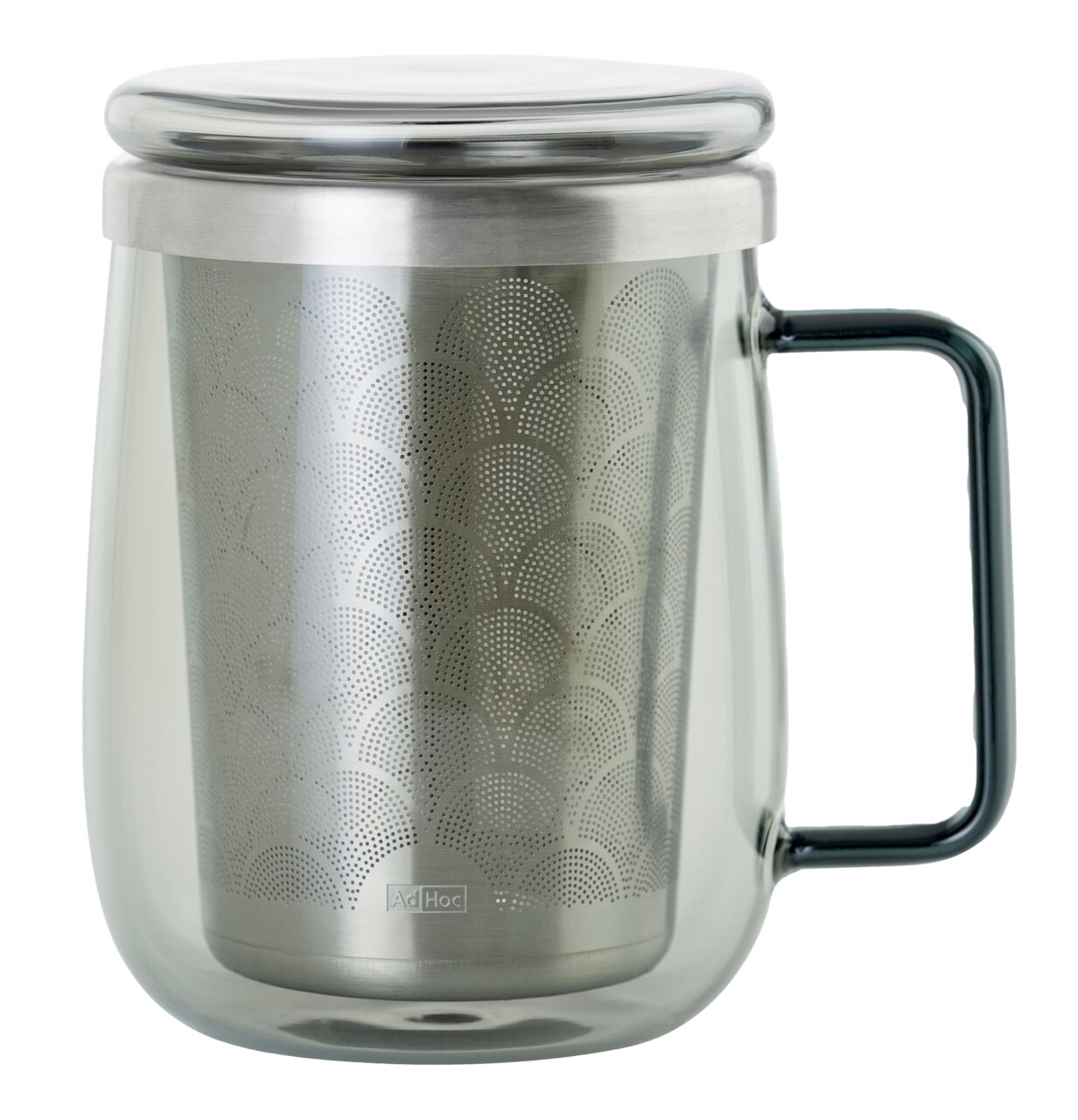 Teeglas mit Teefilter Yuna aus Glas und Edelstahl, seitliche Perspektive