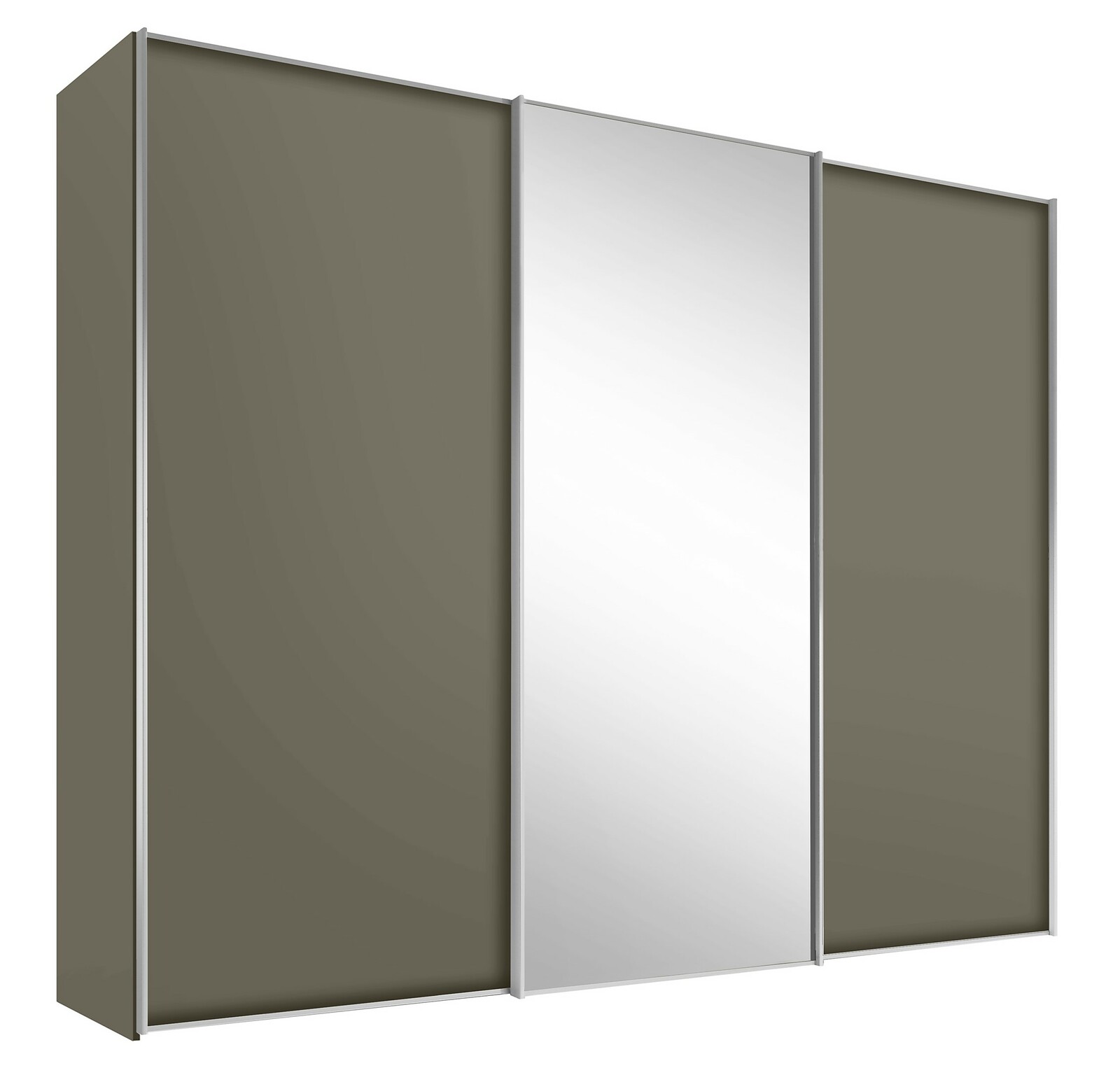 Schwebetürenschrank mit drei Türen, mittlere Tür mit Spiegel, seitliche Türen in Olivgrün, seitliche Perspektive