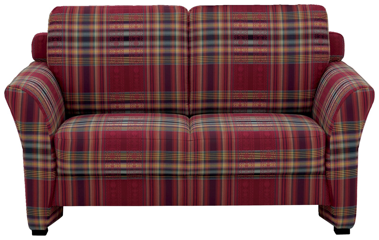 Zweisitzer-Sofa mit rot-kariertem Muster, Frontalansicht