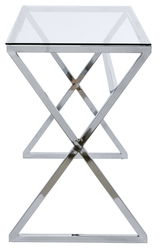 Moderner Schreibtisch mit Glasplatte und verchromtem Metallgestell in X-Form, Frontalansicht.