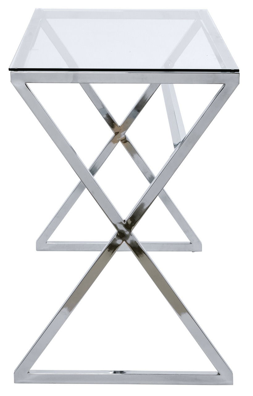 Moderner Schreibtisch mit Glasplatte und verchromtem Metallgestell in X-Form, Frontalansicht.