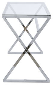 Moderner Schreibtisch mit Glasplatte und verchromtem Metallgestell in X-Form, Frontalansicht.