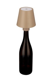 Akku-Tischleuchte auf einer Flasche montiert, seitliche Perspektive