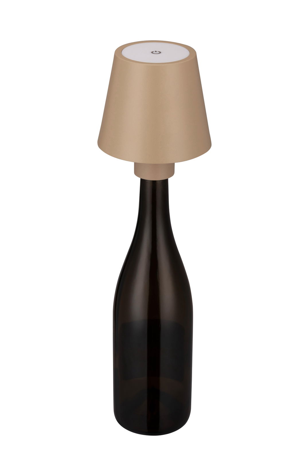 Akku-Tischleuchte auf einer Flasche montiert, seitliche Perspektive