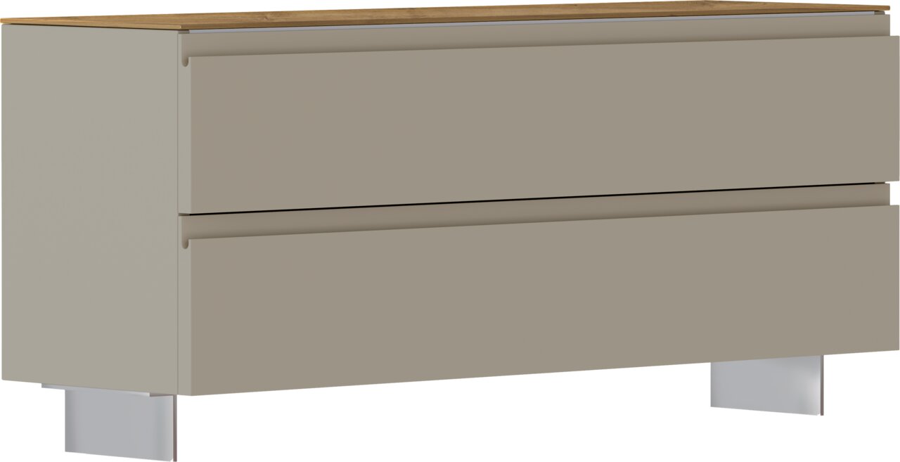 Garderobebank in beige met twee lades, zijaanzicht