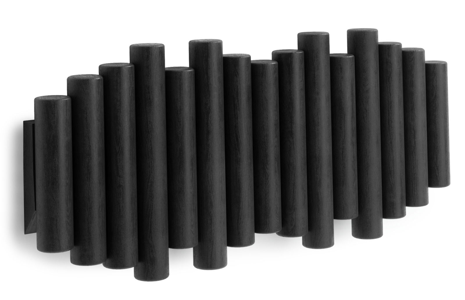 Schwarze Wandgarderobe aus zylindrischen Holzstäben, seitliche Perspektive