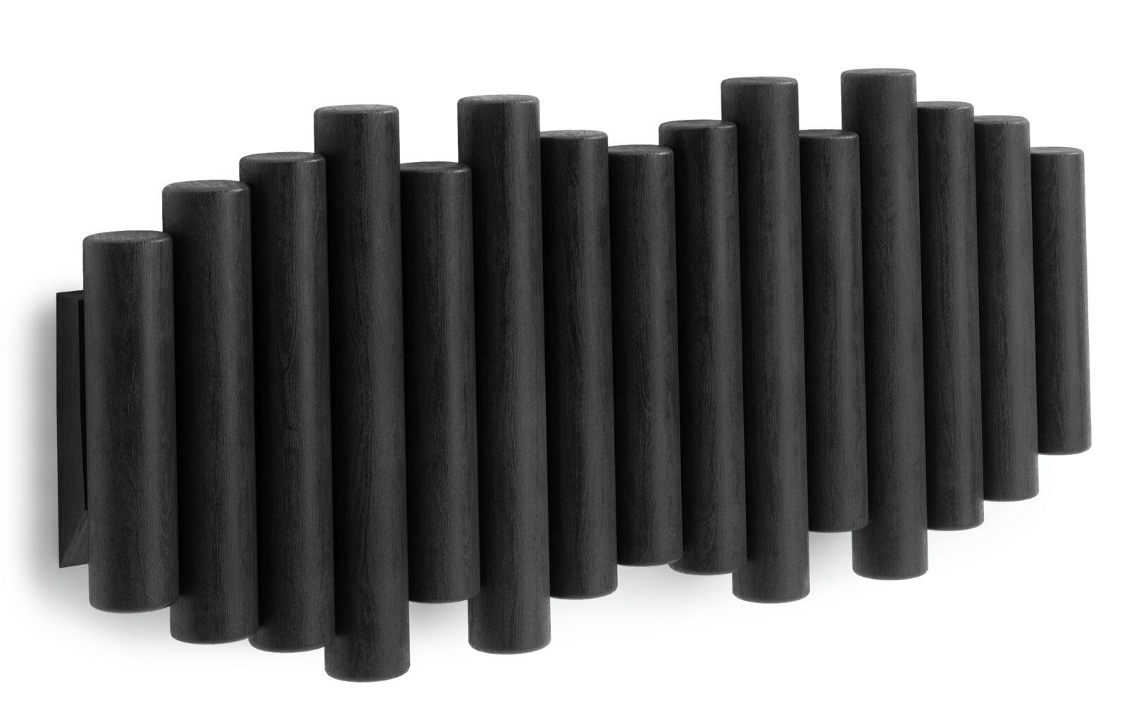 Schwarze Wandgarderobe aus zylindrischen Holzstäben, seitliche Perspektive