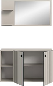 Modernes Badezimmer-Set mit großem rechteckigen Wandspiegel und Unterschrank in Grau mit geriffelten Türen und schwarzen Griffen, beide Schranktüren geöffnet, frontale Ansicht