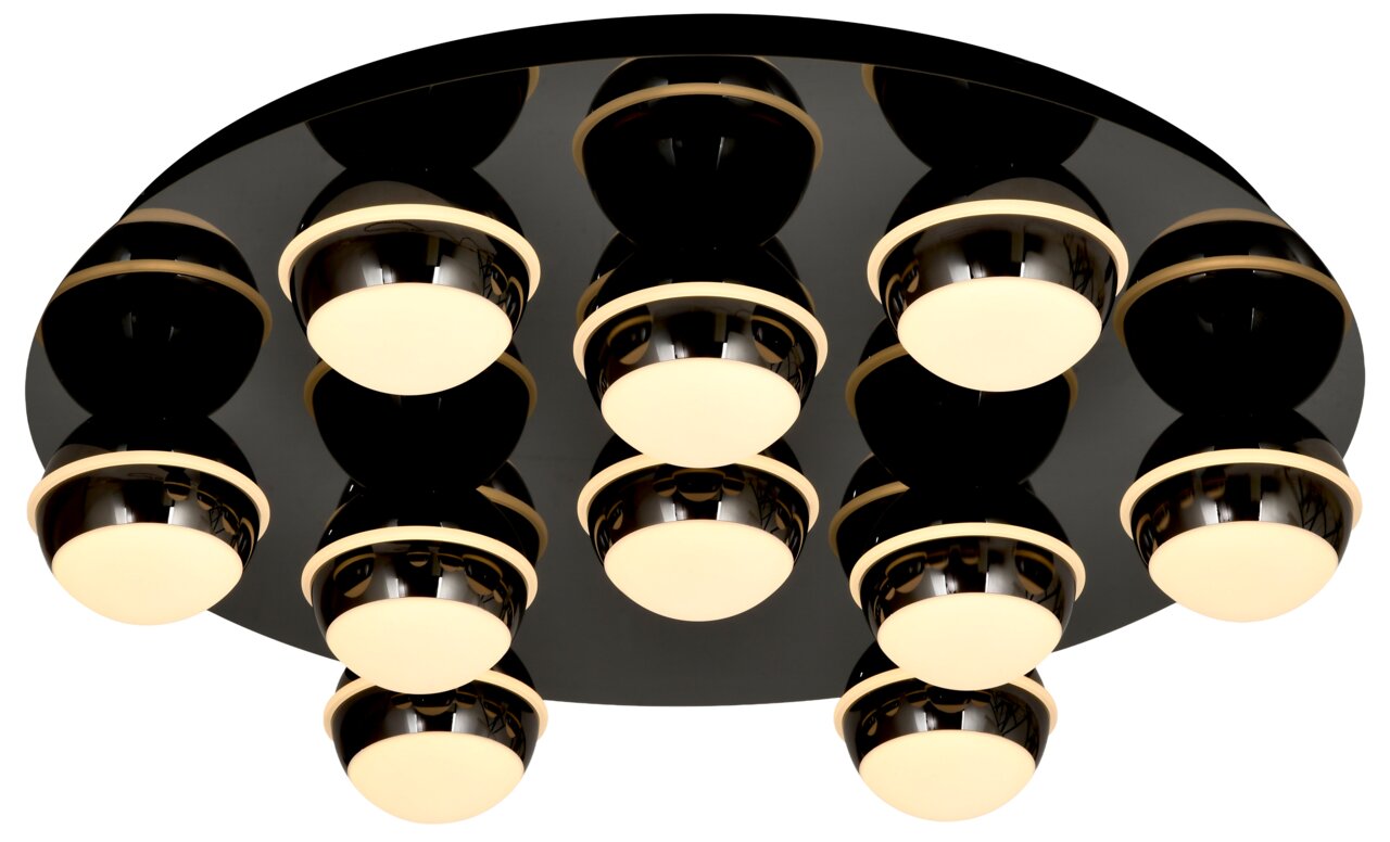 Moderne led-plafondlamp met negen bolvormige lampen, gezien van onderaf