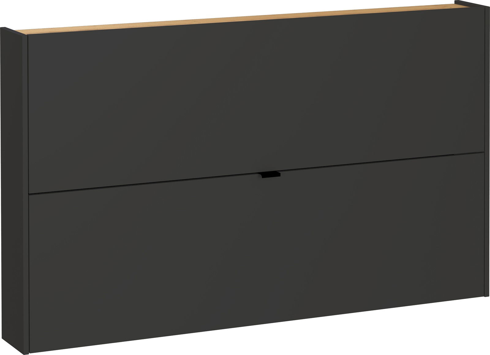 Schwarzer Schuhschrank mit zwei Klappen, seitliche Perspektive