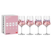 Vier dekorative Sprizz-Gläser mit floralen Mustern, präsentiert in einer eleganten Verpackung. Frontansicht.