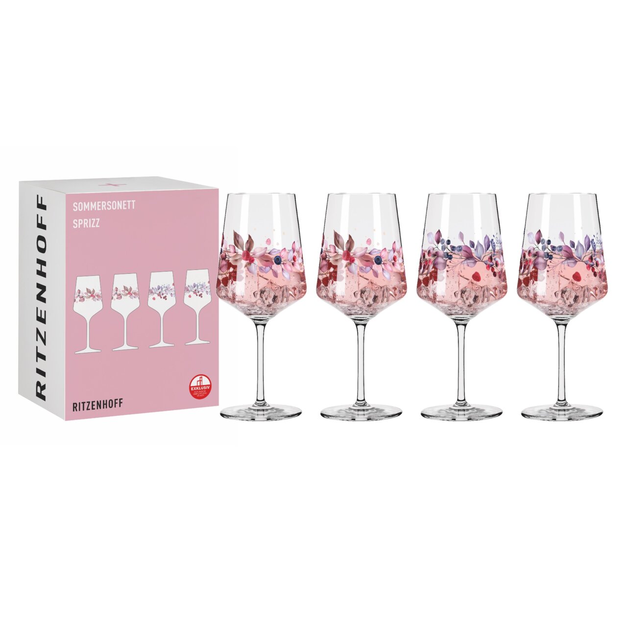 Vier dekorative Sprizz-Gläser mit floralen Mustern, präsentiert in einer eleganten Verpackung. Frontansicht.